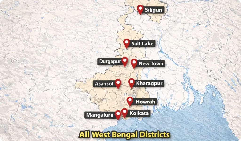 Map showing service coverage of Novus boom barrier in Kolkata and across West Bengal cities and districts including Kolkata, Howrah, Salt Lake, New Town, Durgapur, Asansol, Siliguri, Kharagpur