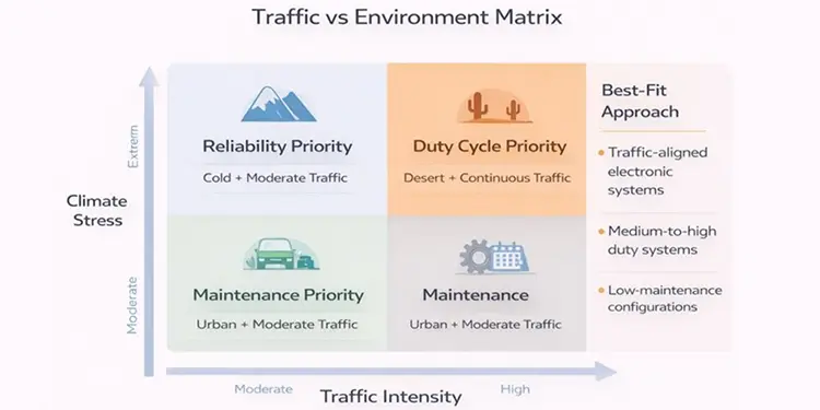 Traffic vs environment matrix showing how traffic intensity and climate stress determine the best electronic boom barrier system approach.