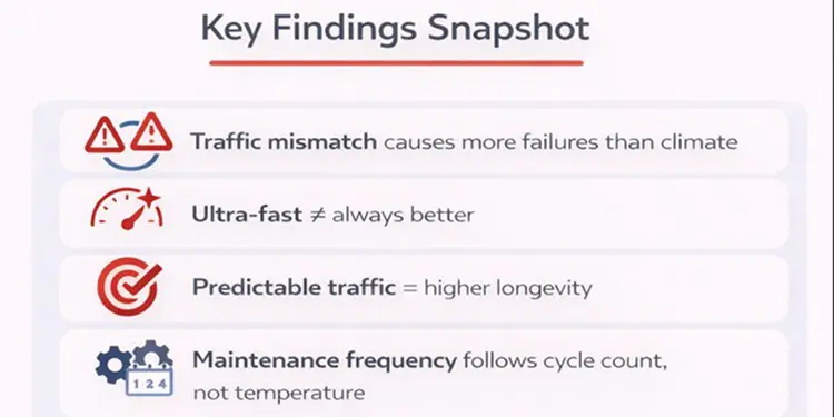 Key findings snapshot highlighting how traffic patterns and usage cycles influence electronic boom barrier system reliability more than climate conditions.
