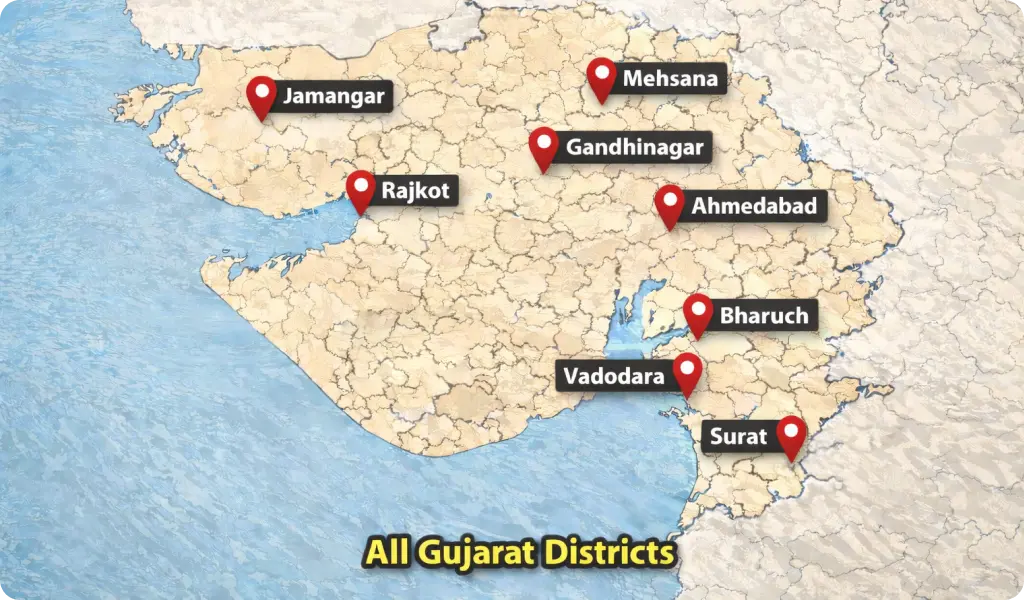 Map showing Boom Barriers in Ahmedabad deployment areas across Gujarat including Gandhinagar, Surat, Vadodara, Rajkot, Mehsana, Bharuch and Jamnagar