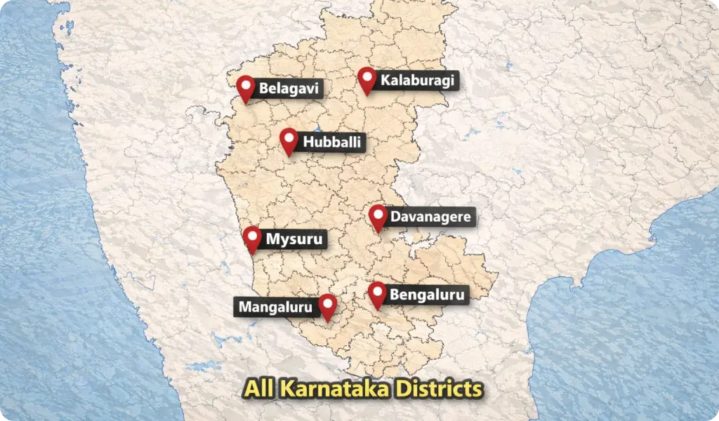 Map showing service coverage of Novus boom barrier in Bengaluru and across Karnataka cities including Mysuru, Mangaluru, Hubballi, Belagavi, Kalaburagi and Davanagere