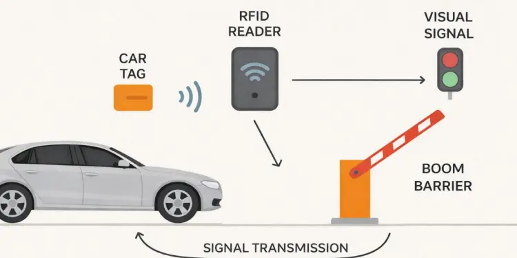  RFID Boom Barrier system diagram with car tag, RFID reader, signal flow, and automated gate