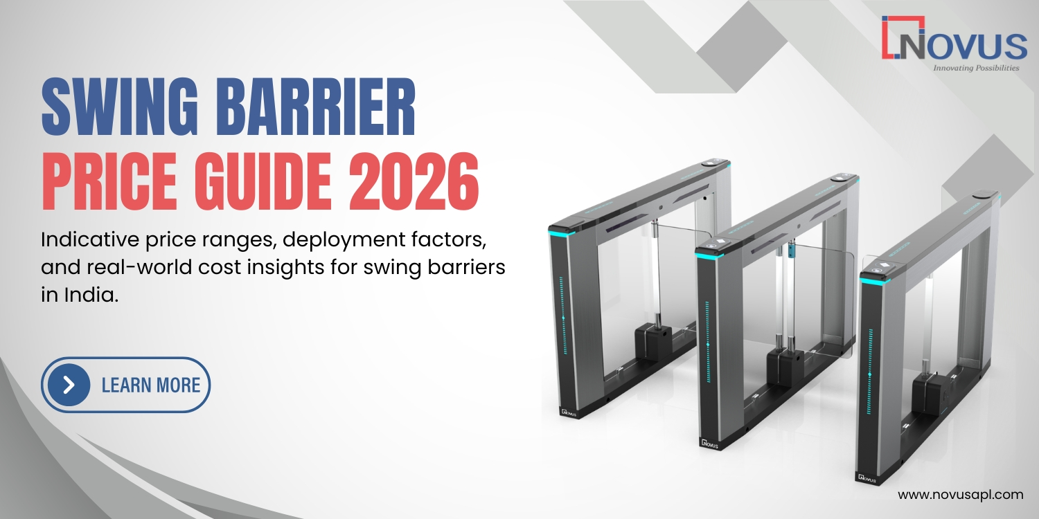 Comparison between DFMD (Door Frame Metal Detector) and HHMD (Hand Held Metal Detector) by Novus Automation — showcasing a security officer scanning a person with a handheld detector near a walk-through metal detector, highlighting smart and seamless security solutions.