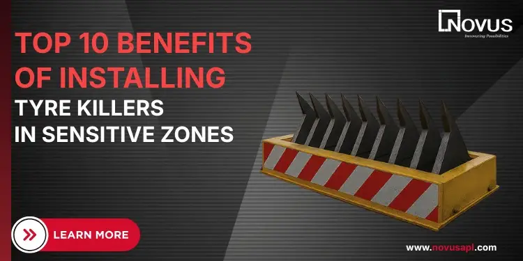 Comparison between DFMD (Door Frame Metal Detector) and HHMD (Hand Held Metal Detector) by Novus Automation — showcasing a security officer scanning a person with a handheld detector near a walk-through metal detector, highlighting smart and seamless security solutions.