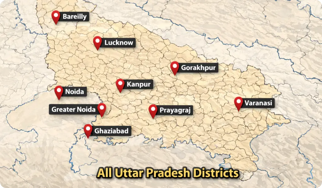 Map of Uttar Pradesh highlighting Lucknow and other cities showing Boom Barriers in Lucknow by Novus Automation